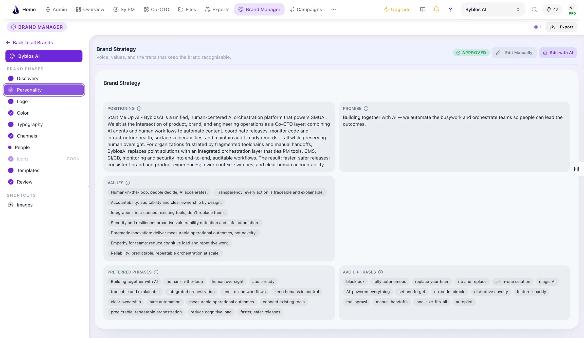 Brand strategy in Byblos AI: positioning and promise statements, eight brand values, and lists of preferred and avoided phrases.