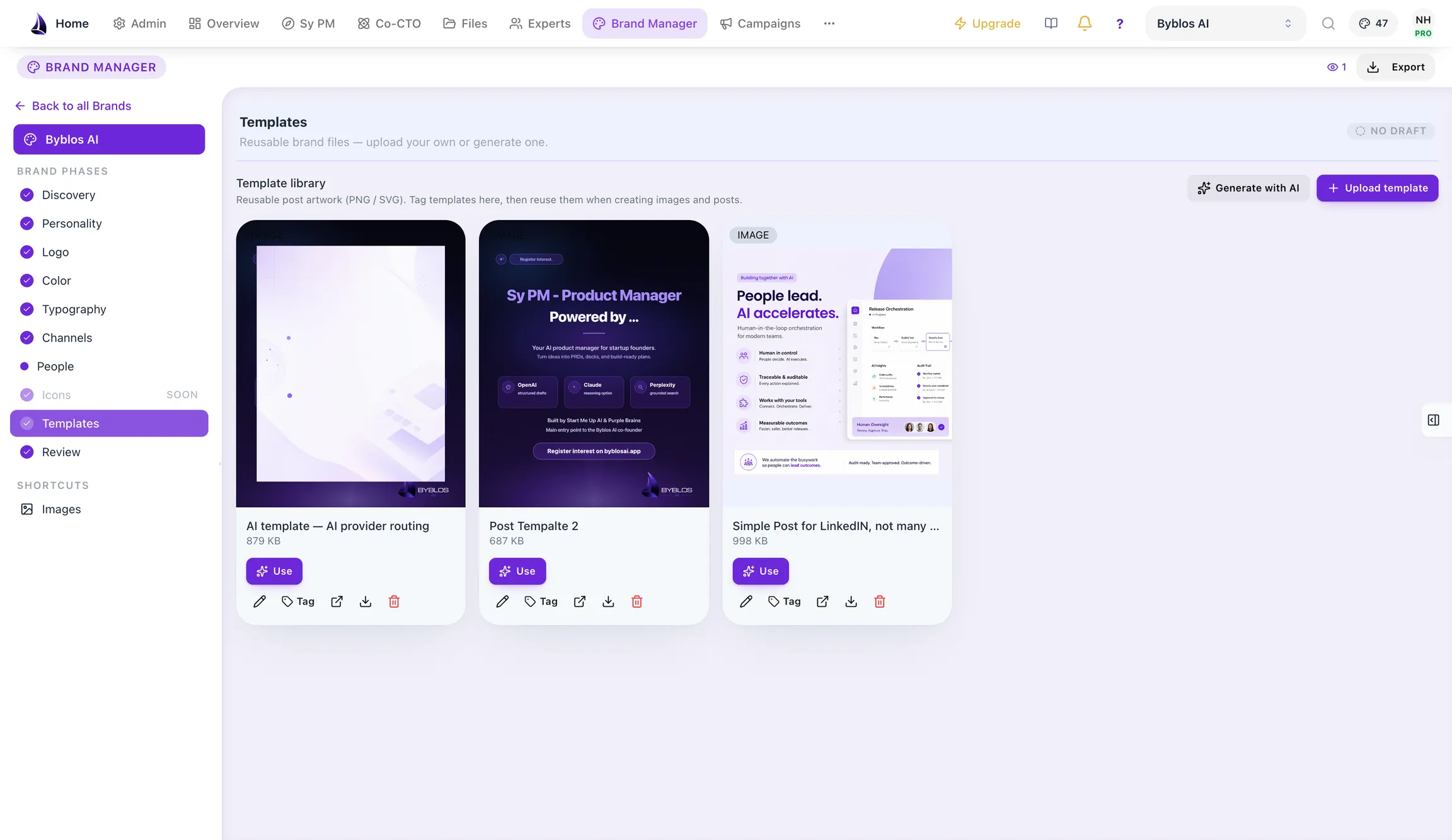 The Brand Manager template library, showing reusable post templates built from the brand identity with rendered thumbnails.
