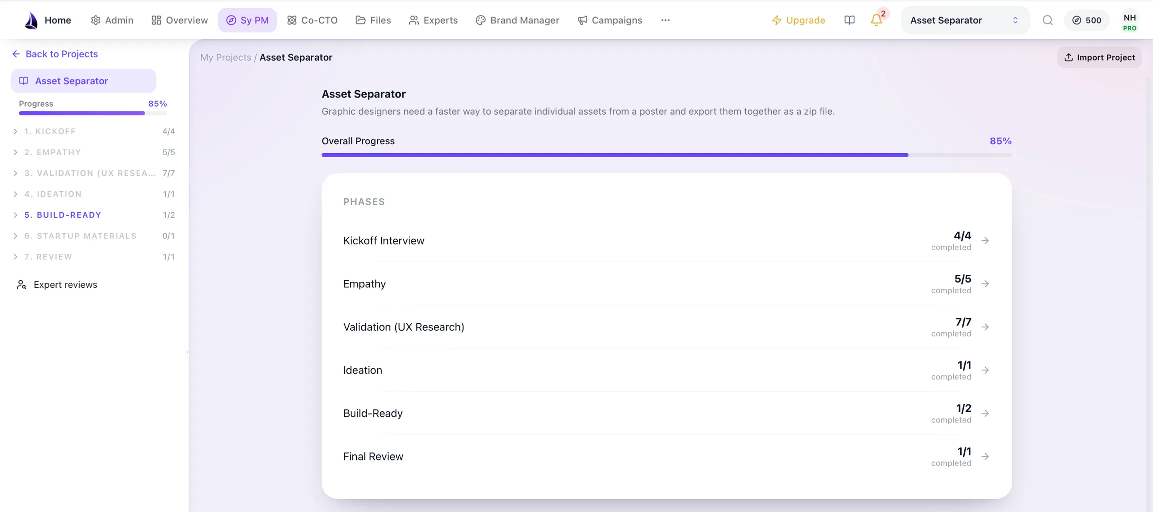 The Sy PM project overview in Byblos AI, showing product phases and artifact status