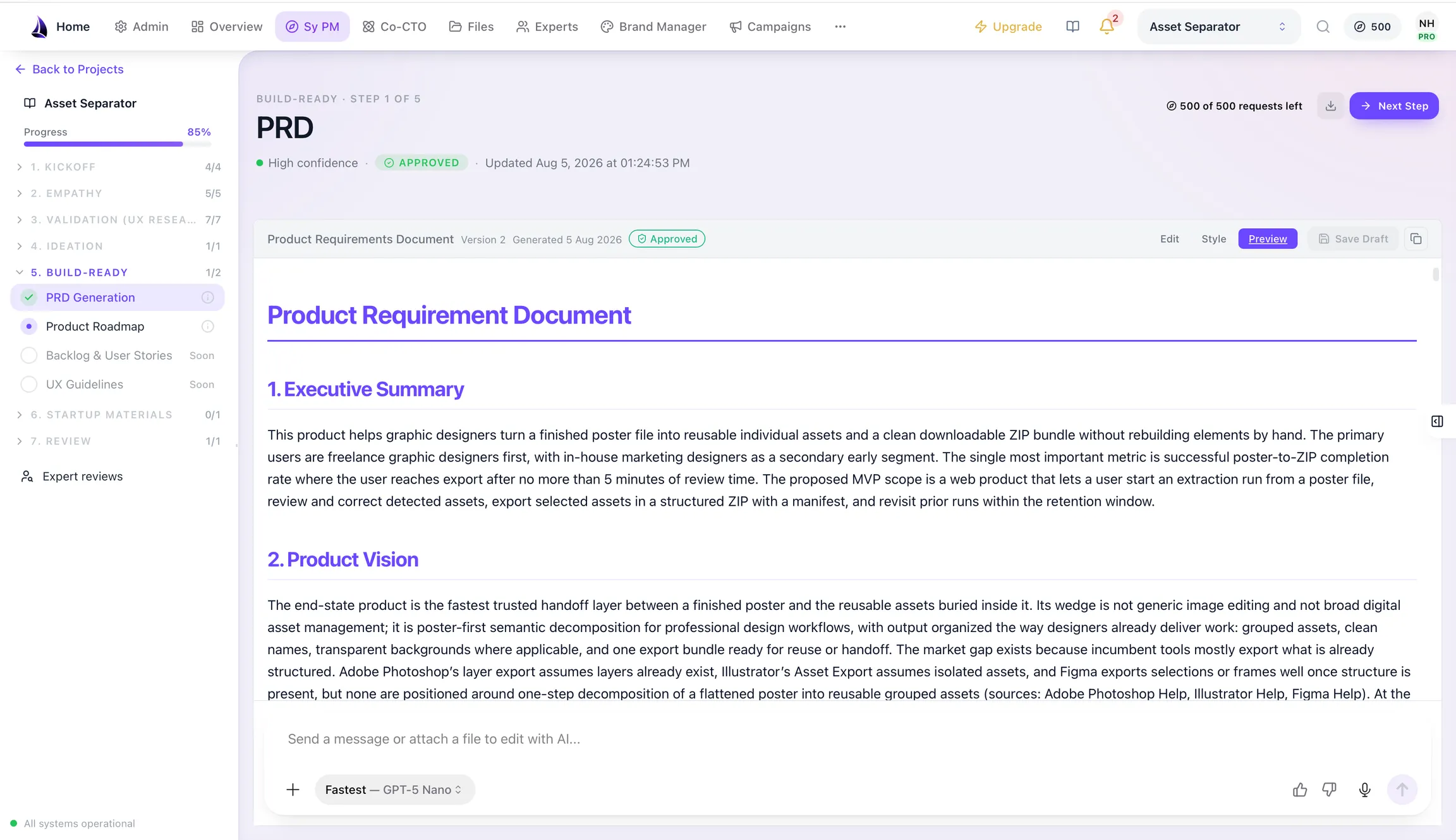 An approved, versioned product requirement document generated by Sy PM, with an executive summary and product vision, editable by chat.