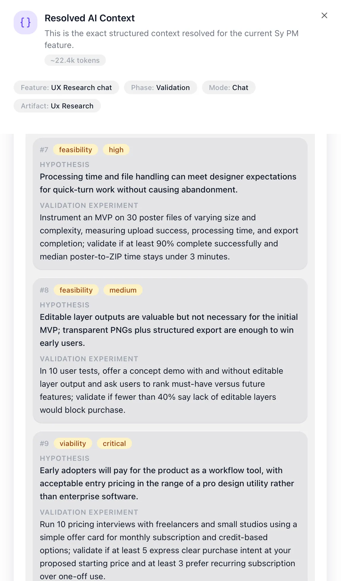 The Resolved AI Context panel showing the exact structured context, about 22.4 thousand tokens, that Sy PM used for this step.